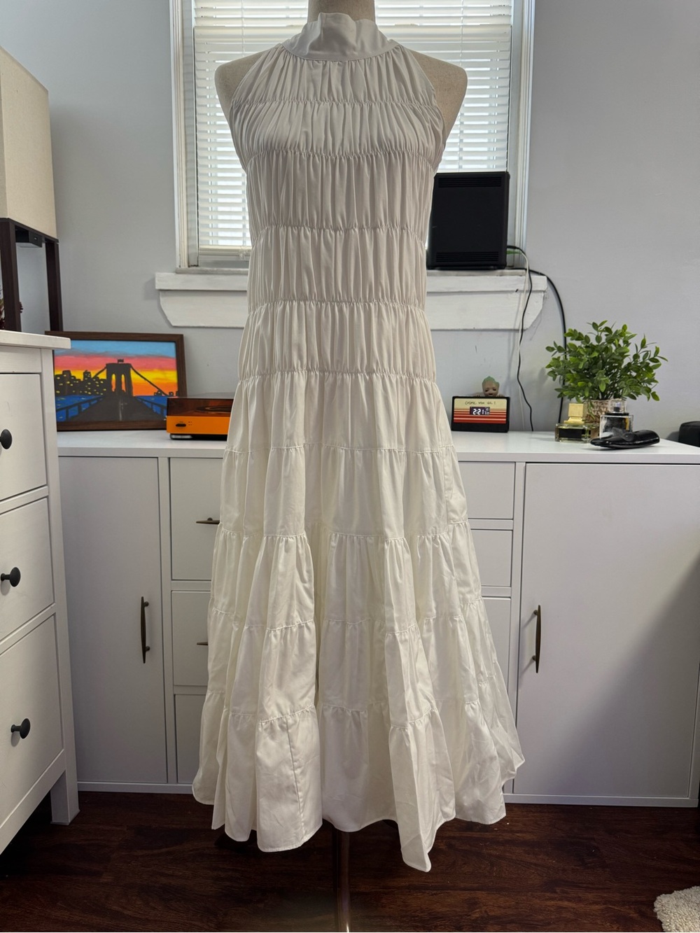 Anais Jourden White Smocked Halter Maxi Dress Size 34
